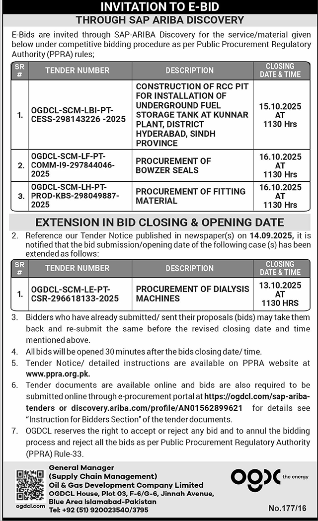 Oil & Gas Development Company Limited Islamabad Tender Notice